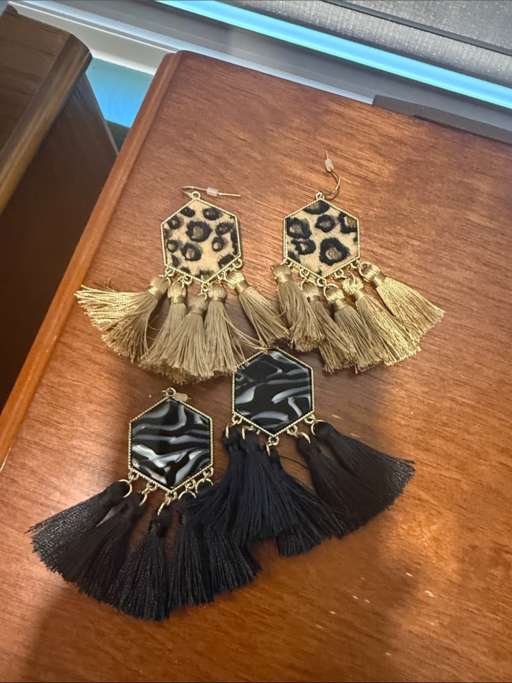 Park Lane Tassel Drop Earrings in Tan Leopard and Black